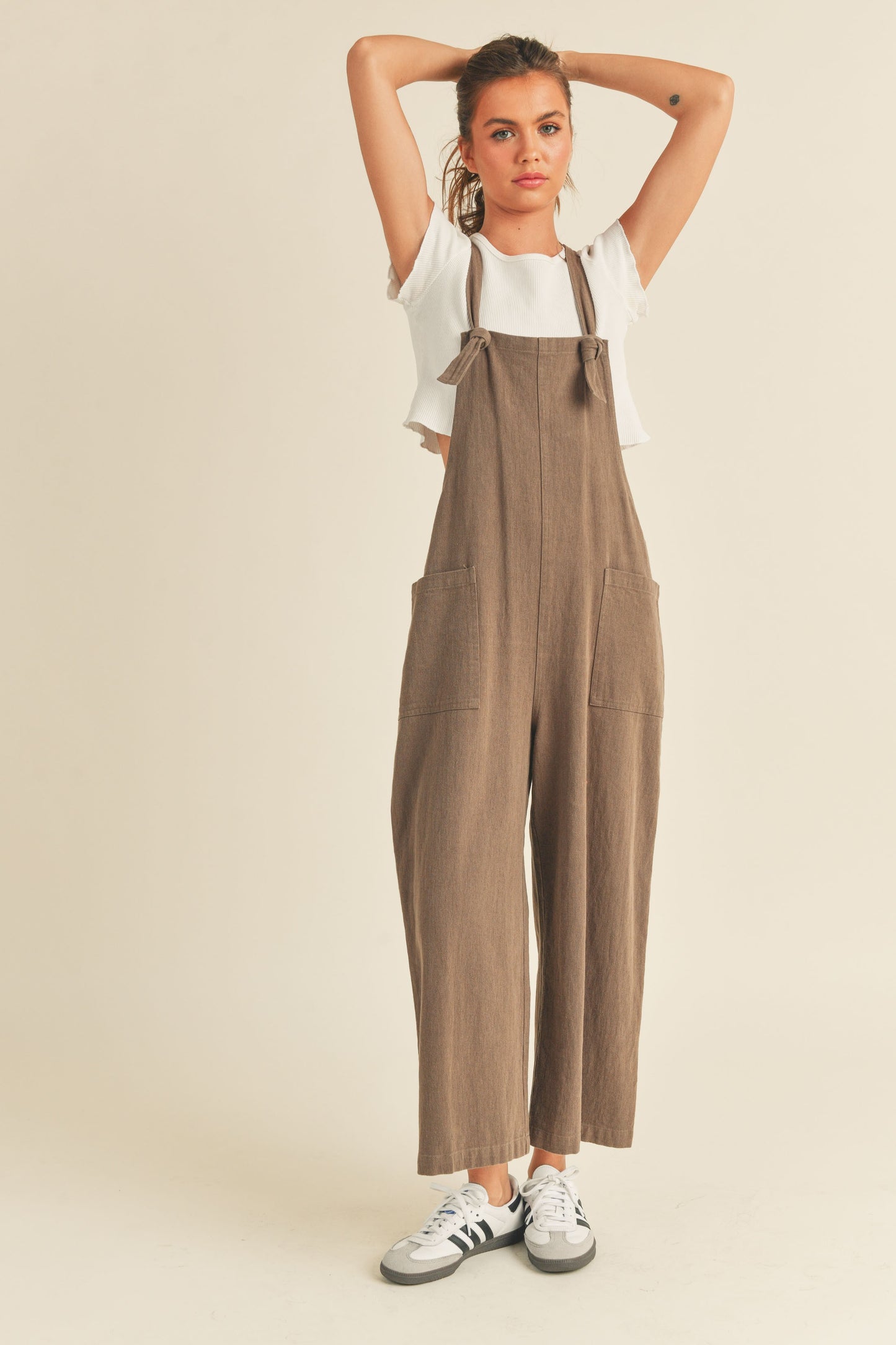 Logan Cotton Washed Jumpsuit in Olive Brown