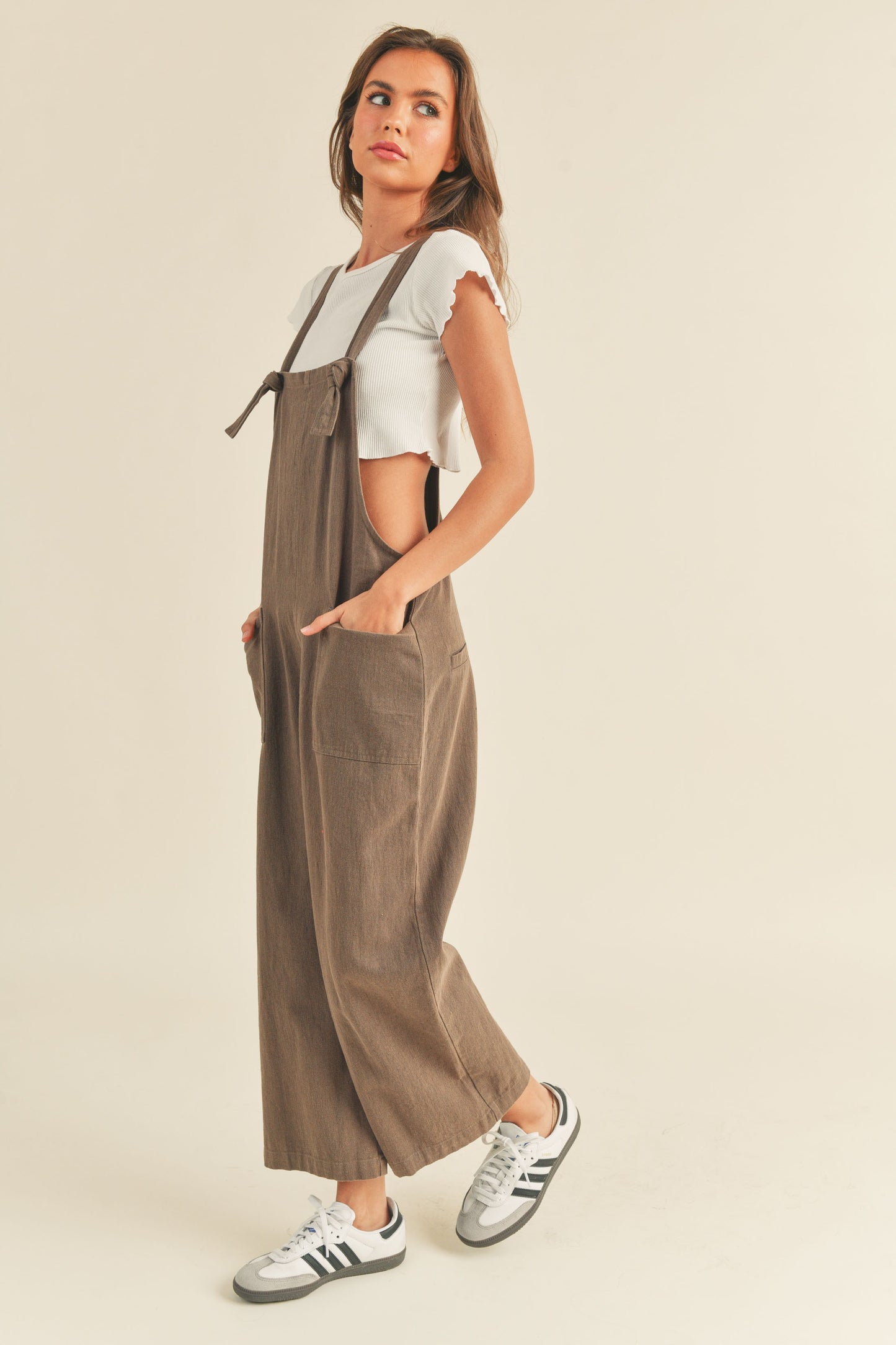 Logan Cotton Washed Jumpsuit in Olive Brown