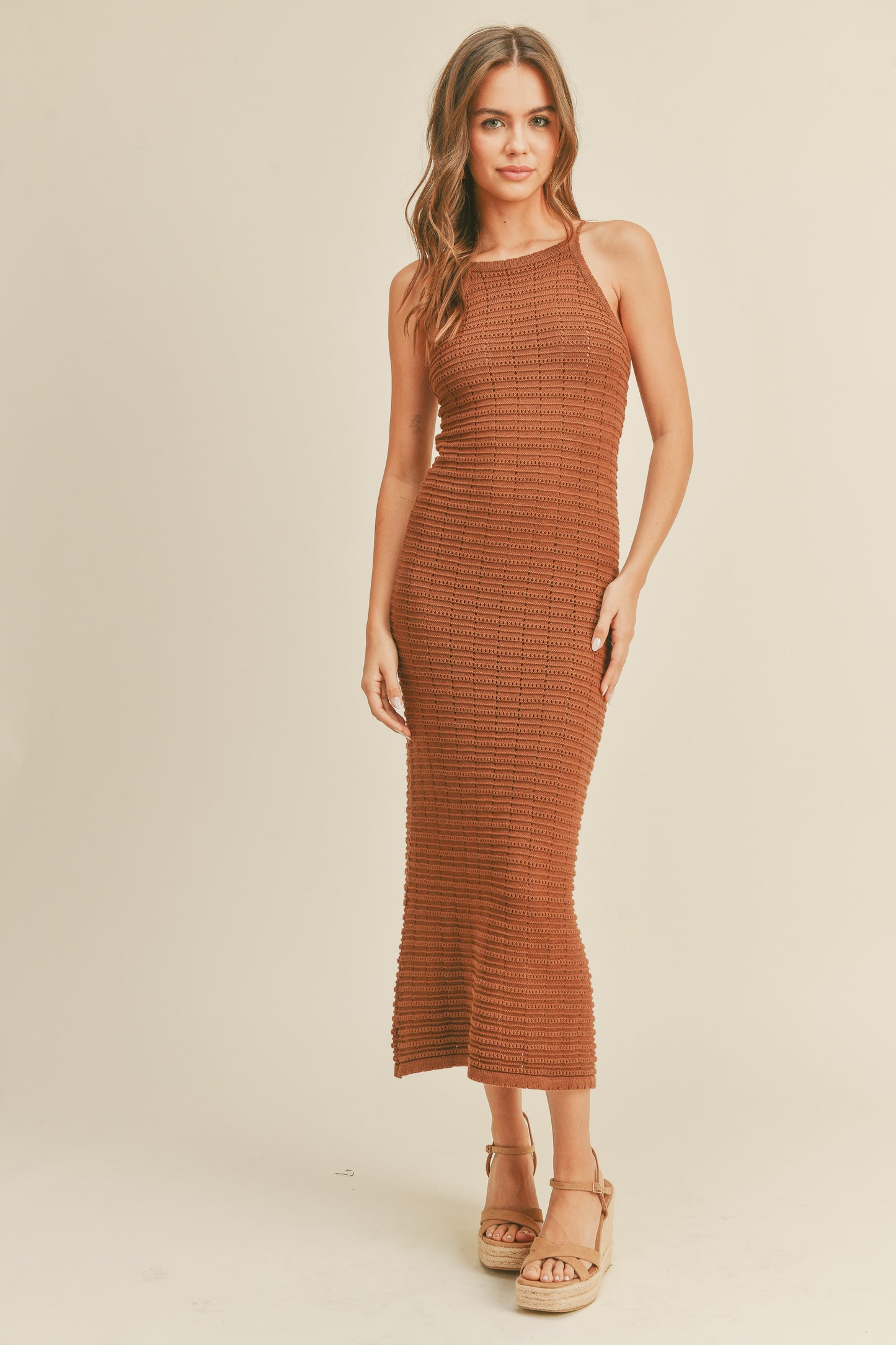 Ezra Crochet Knit Dress in Brown