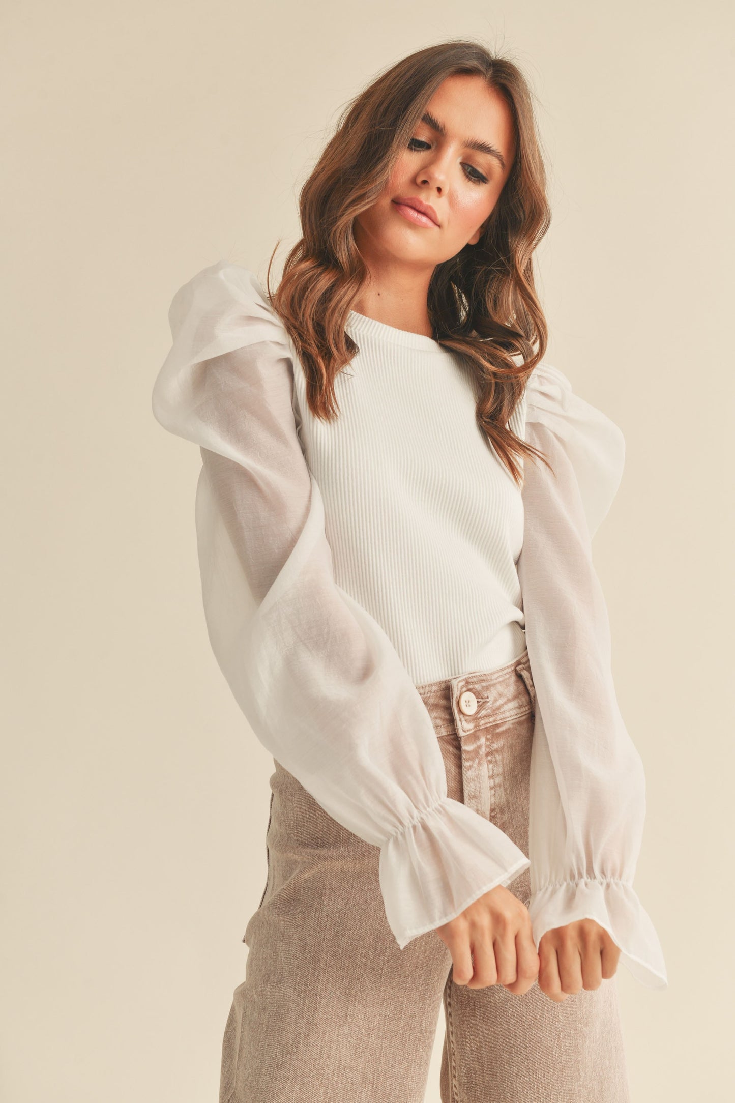 Thea Sheer Puff Sleeve Top in White