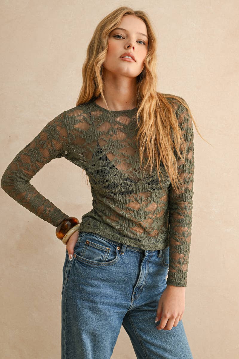 Olive Forest Floral Lace Top