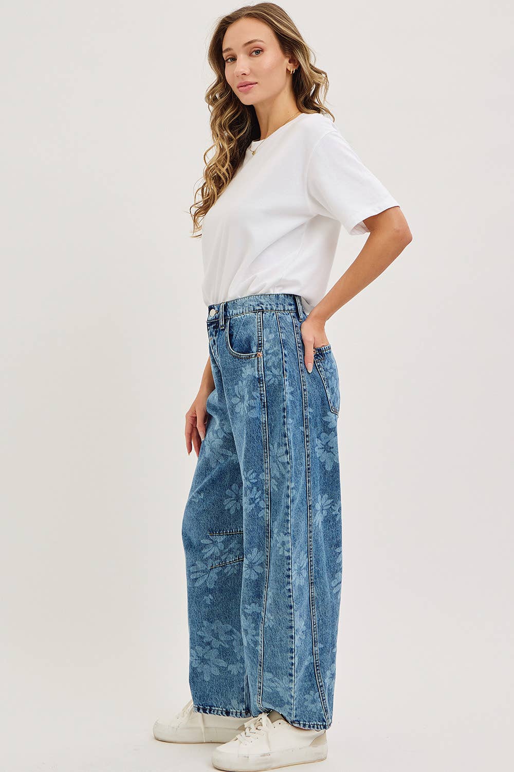 Calla Floral Print Barrel Jeans