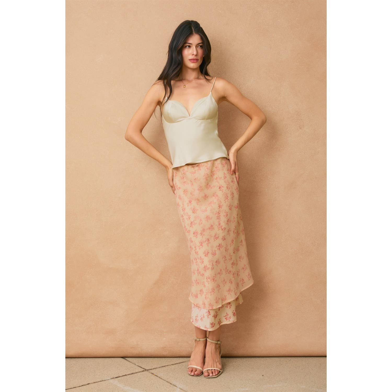 Rosewater Reverie Layered Print Midi Skirt
