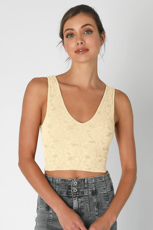 Lace Textured V Neck Top in Butter Cream
