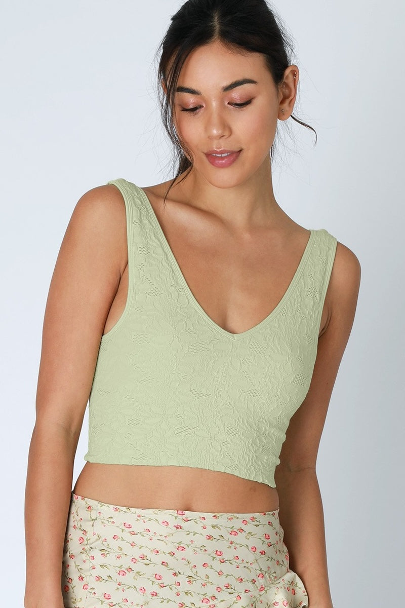 Lace Textured V Neck Top in Pistachio Cream