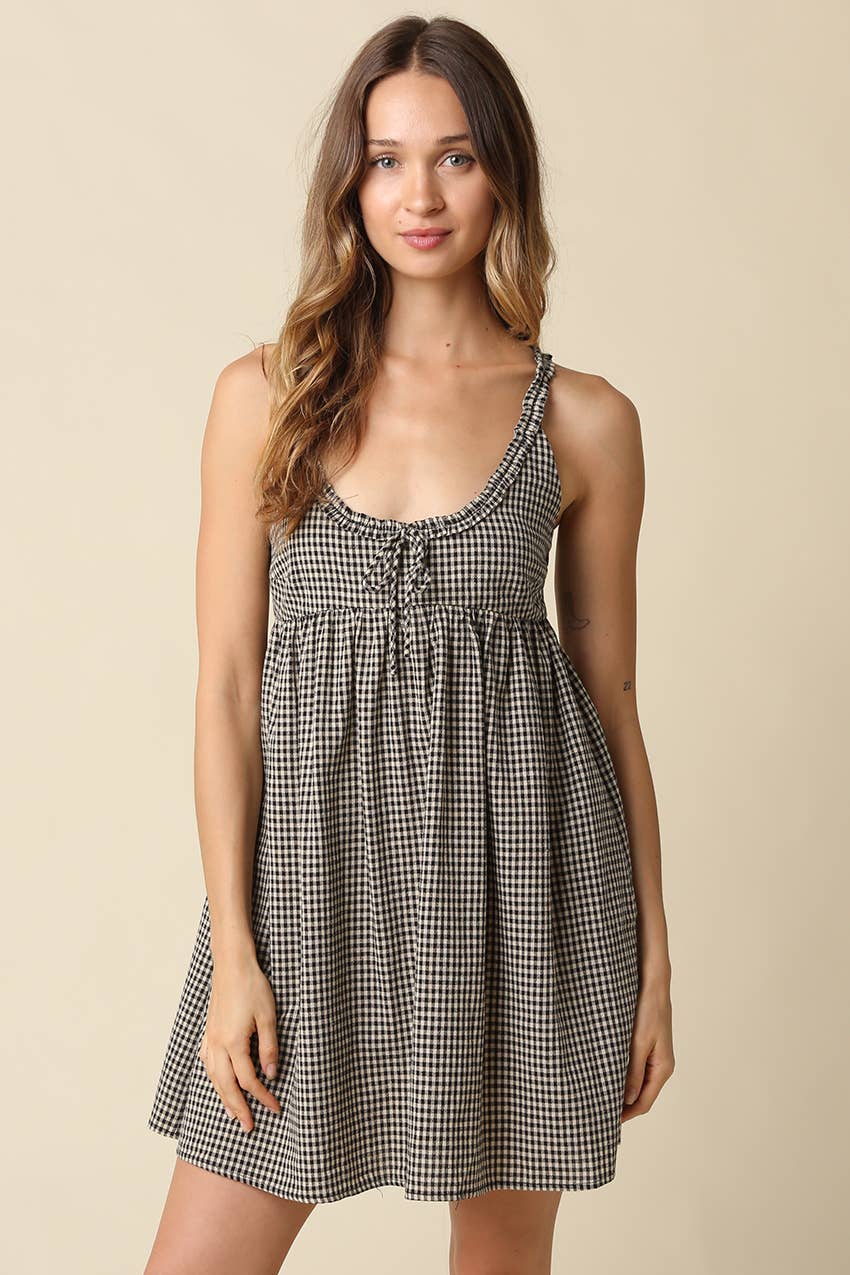 Camilla Gingham Mini Dress in Black