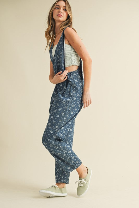 Lacey Floral Print Denim Jumpsuit