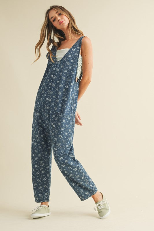 Lacey Floral Print Denim Jumpsuit
