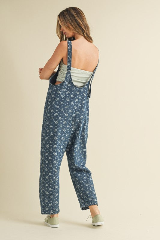 Lacey Floral Print Denim Jumpsuit