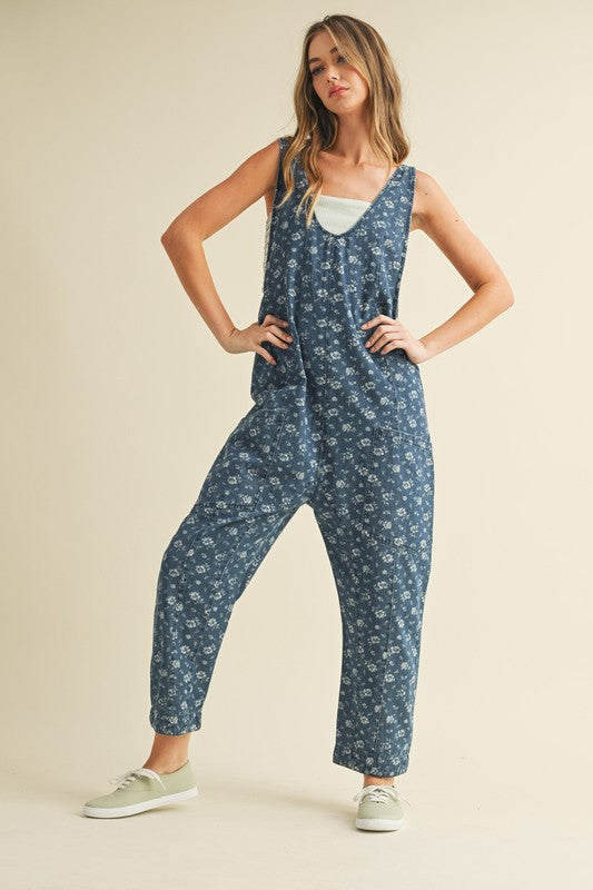 Lacey Floral Print Denim Jumpsuit