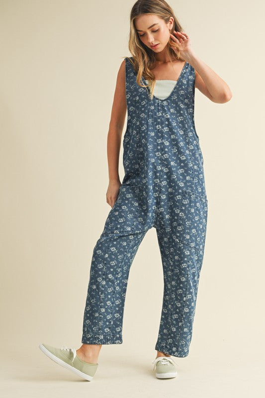 Lacey Floral Print Denim Jumpsuit