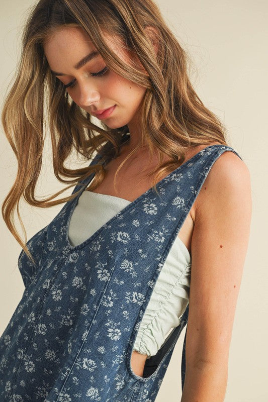 Lacey Floral Print Denim Jumpsuit