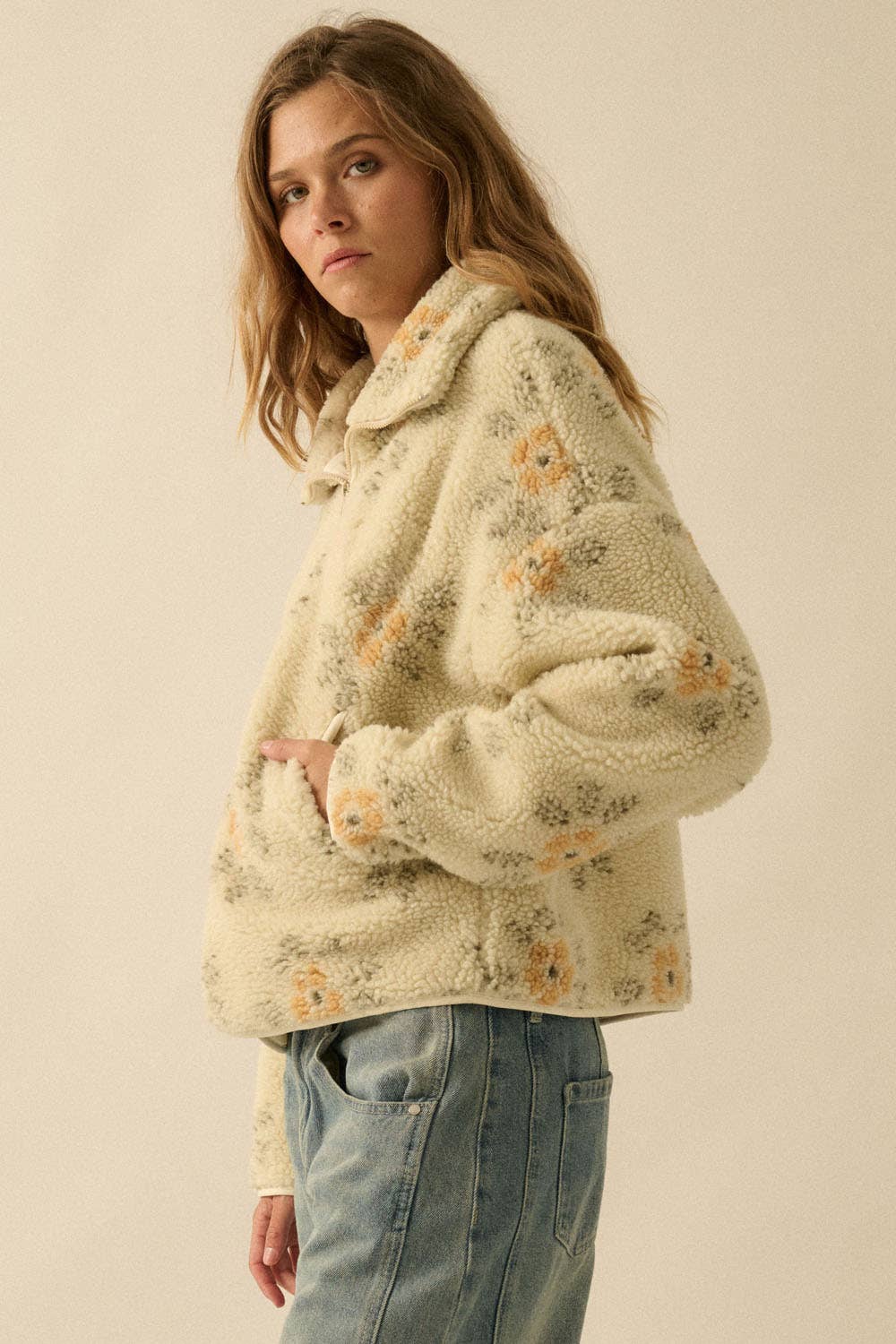 Everly Floral Print Sherpa Jacket in Cream