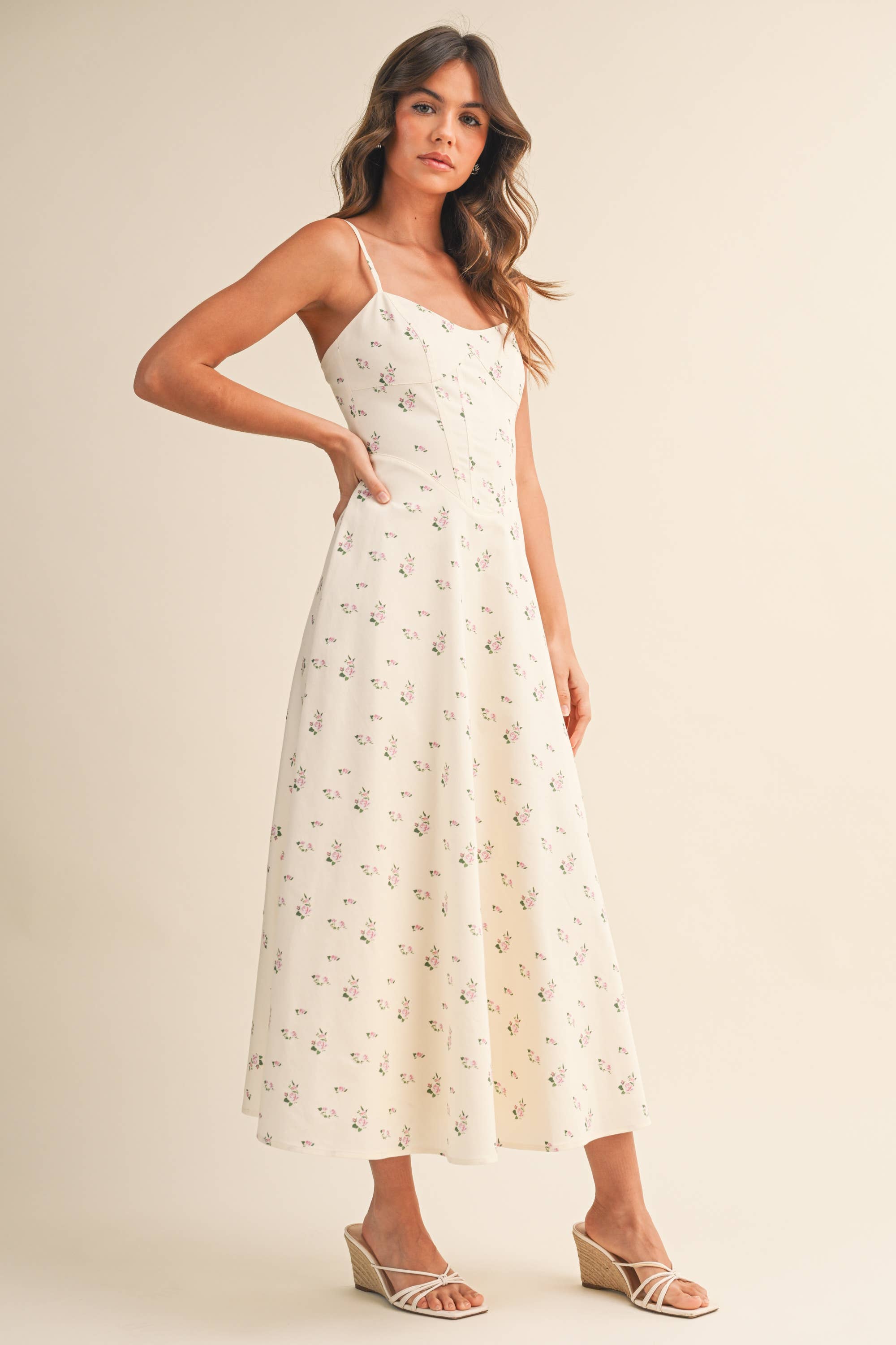 Vivienne Floral Panel Midi Dress in Cream
