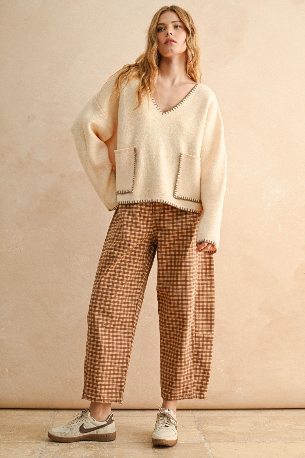 Autumn Grid Barrel Pants in Camel