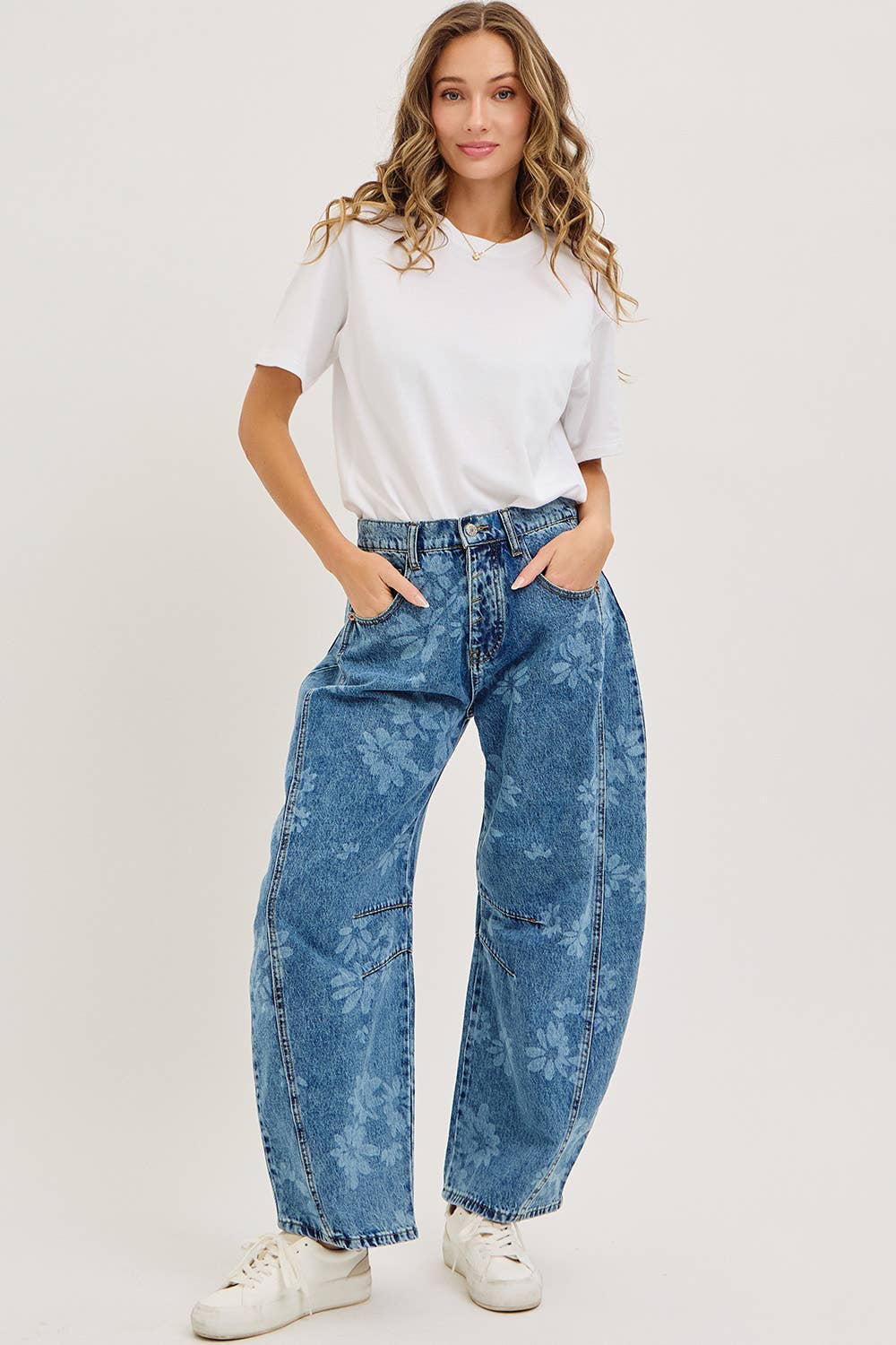 Calla Floral Print Barrel Jeans