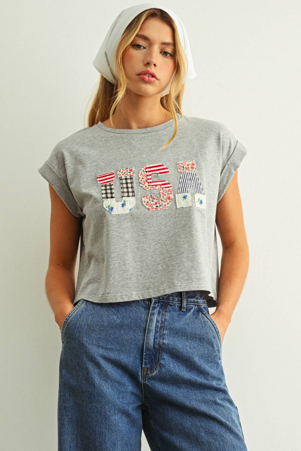 USA Floral Patchwork Tee in Grey