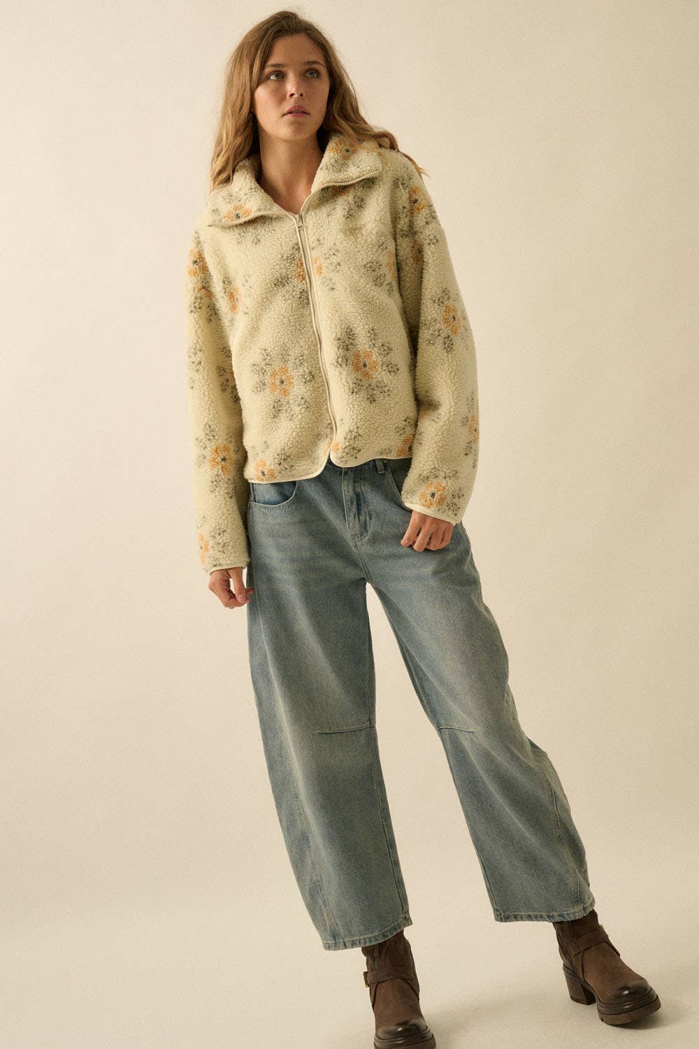 Everly Floral Print Sherpa Jacket in Cream