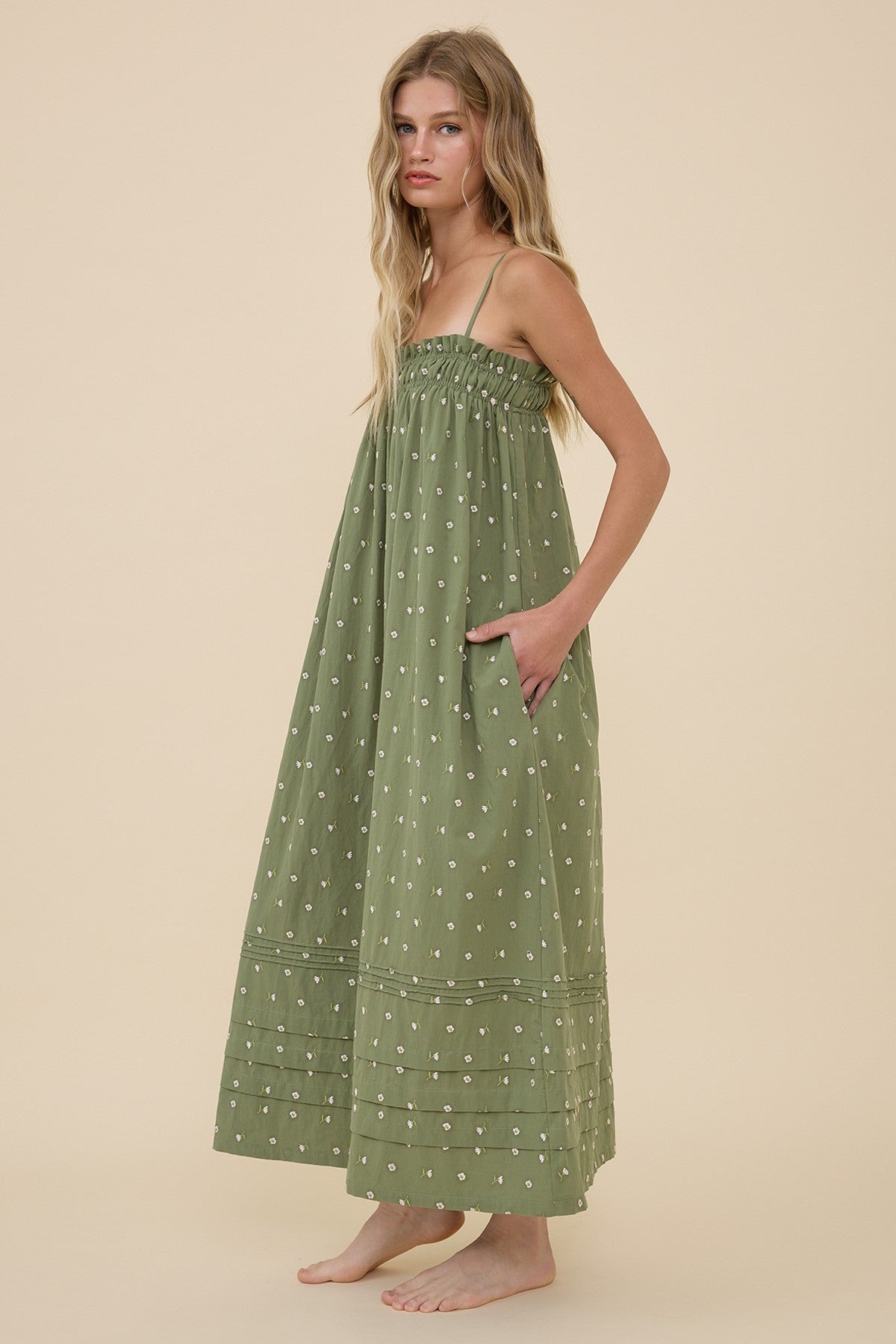 Sage Embroidered Smocked Midi Dress