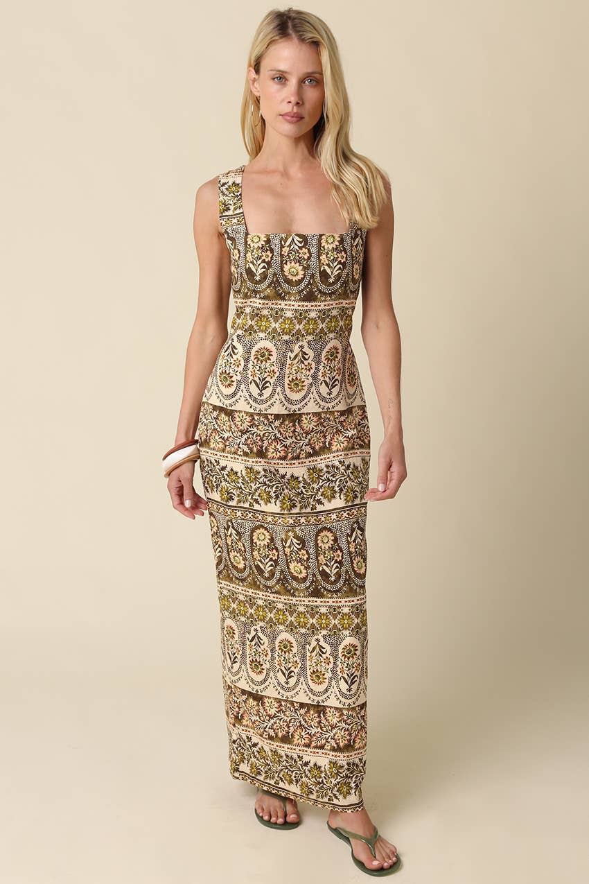 Siena Printed Maxi Dress in Natural Olive