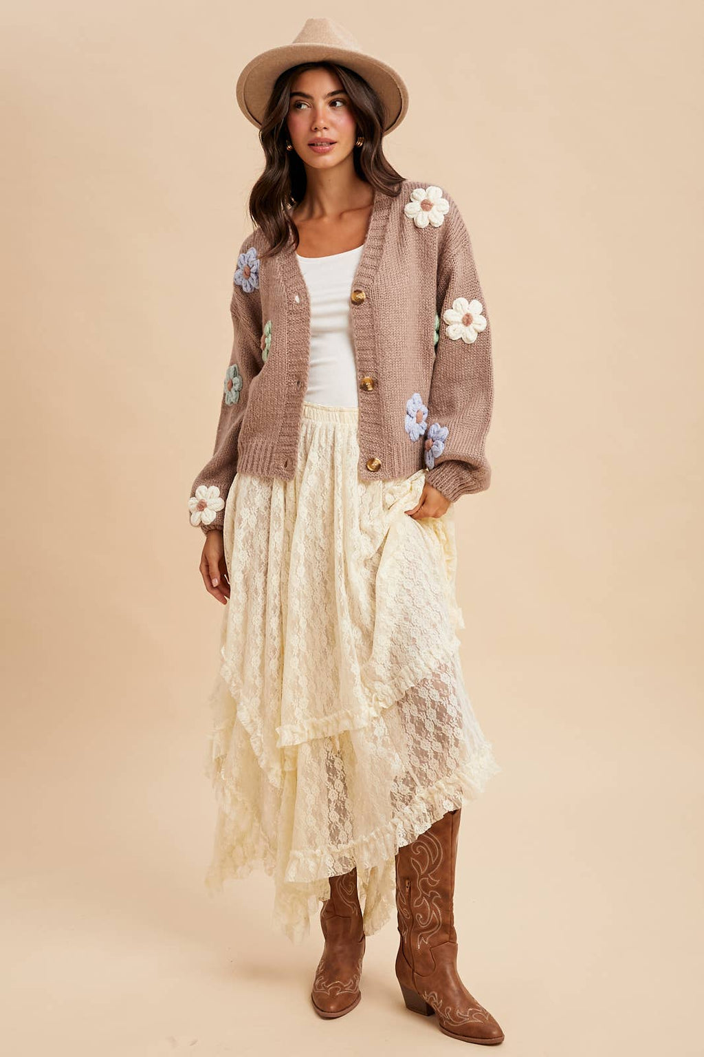 Oakley Floral Appliqué Cardigan in Taupe