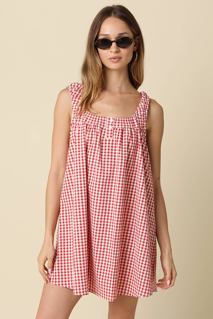 Randy Gingham Mini Dress in Red & Ivory