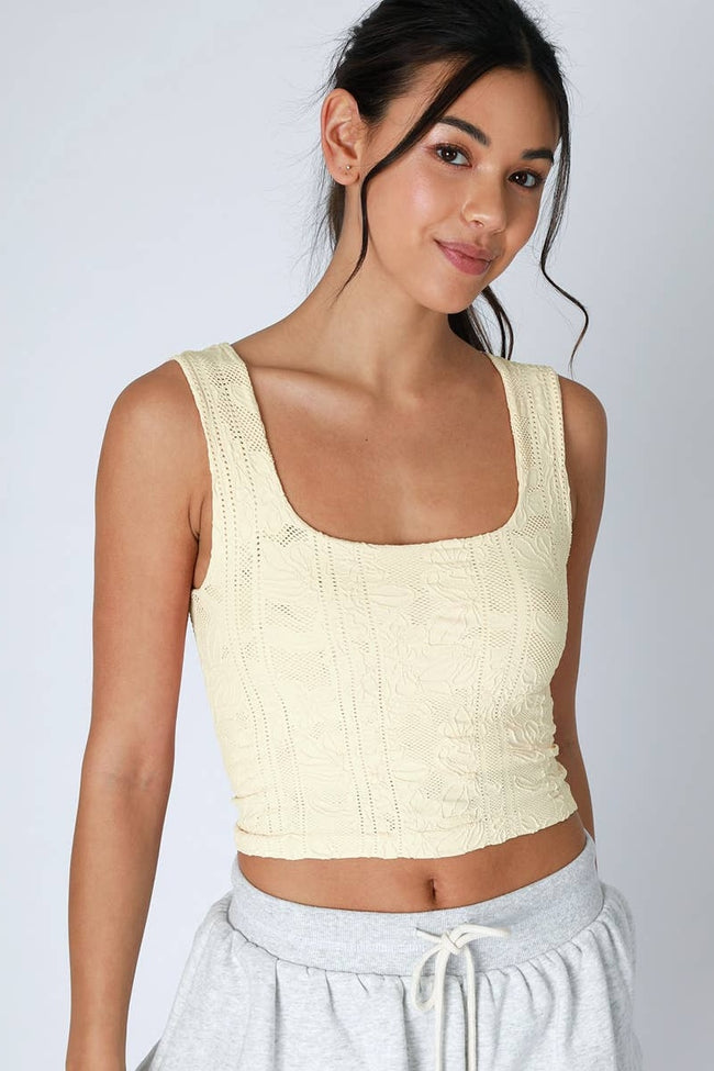 Lace Textured Square Neck Crop Top in Butter Cream