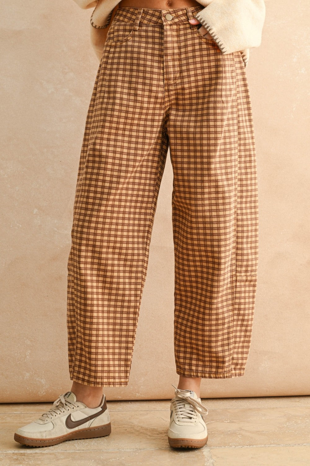 Autumn Grid Barrel Pants in Camel