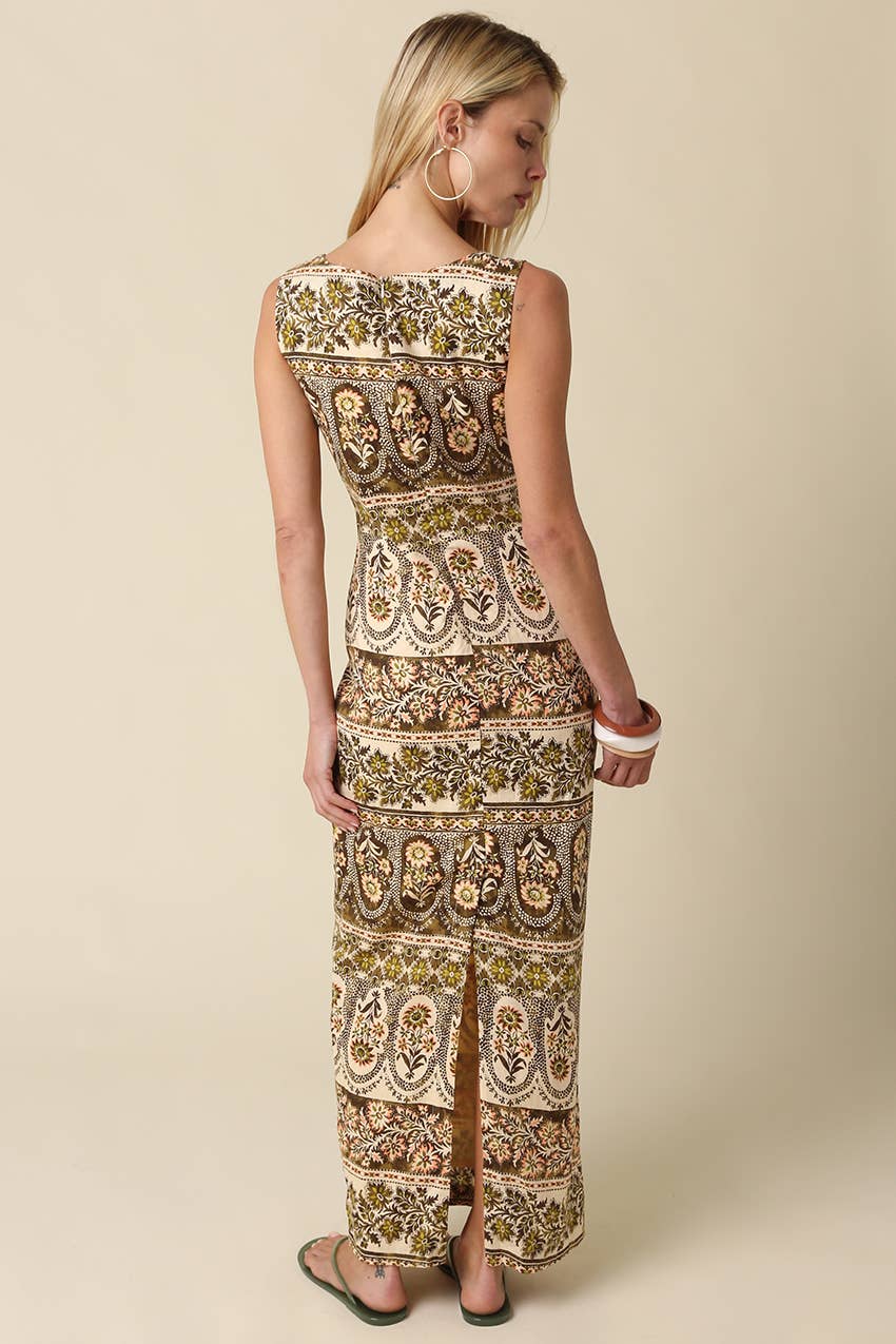 Siena Printed Maxi Dress in Natural Olive