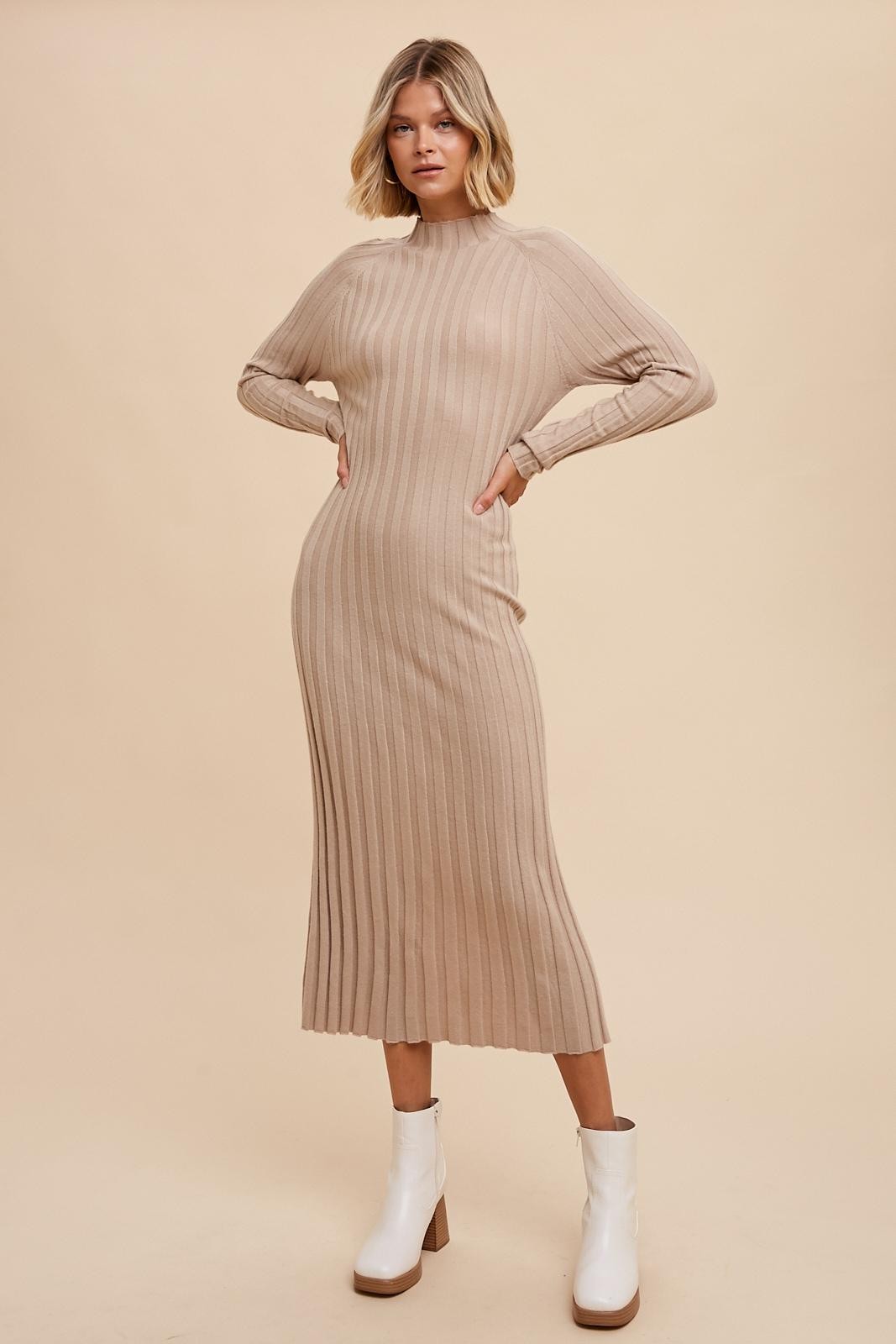 Dominic Ribbed Knit Sweater Dress in Almond