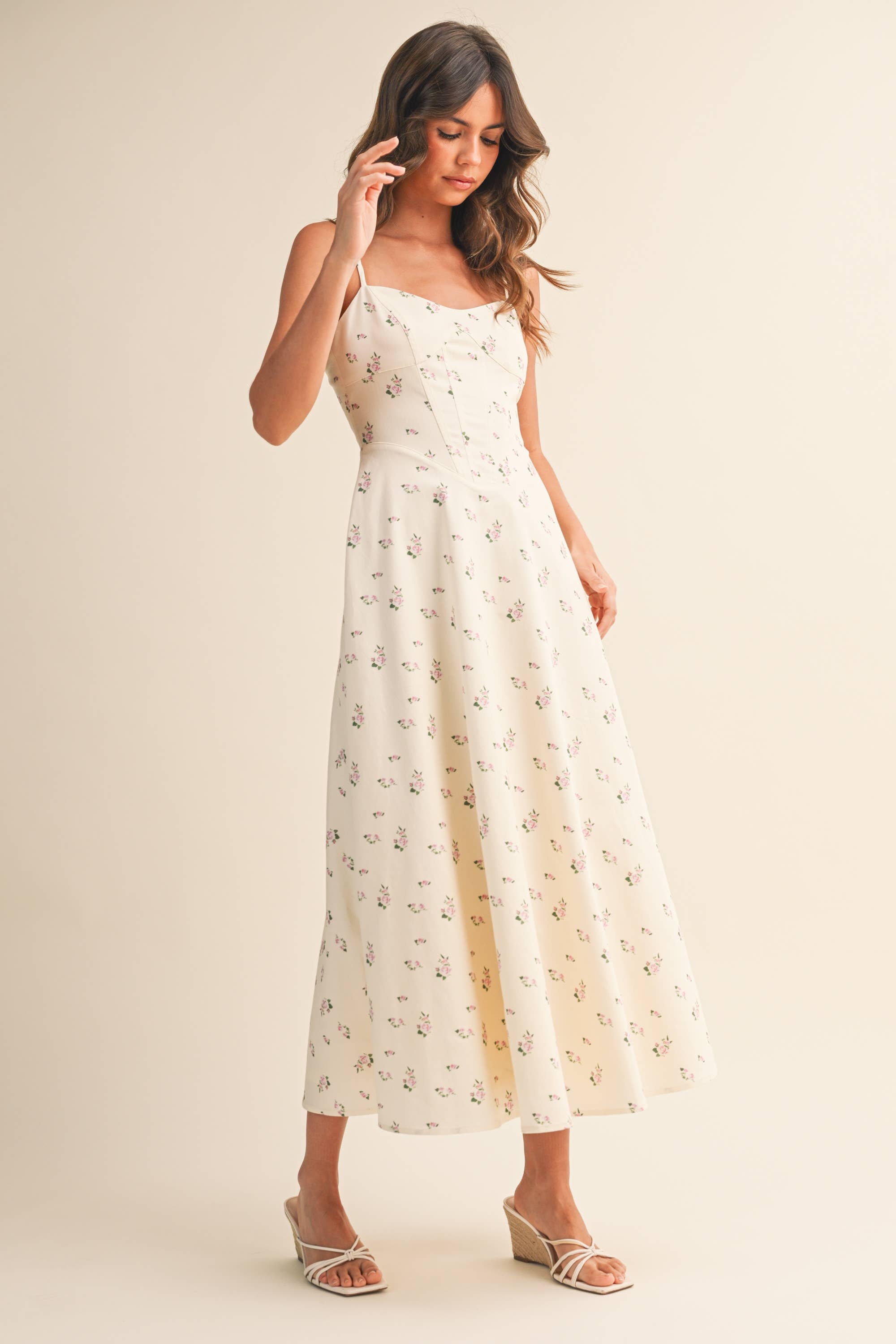 Vivienne Floral Panel Midi Dress in Cream
