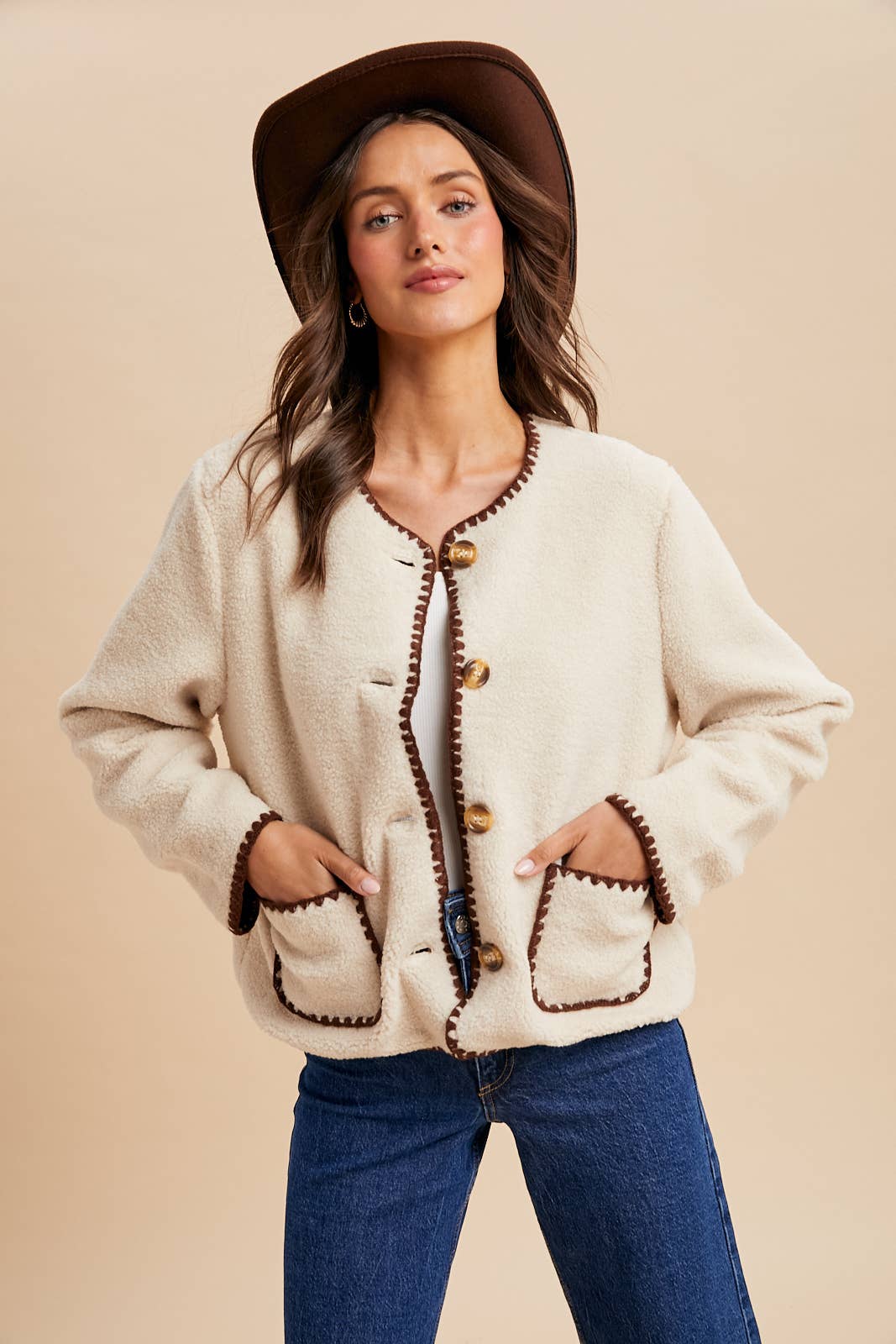Cora Contrast Stitch Sherpa Cardigan