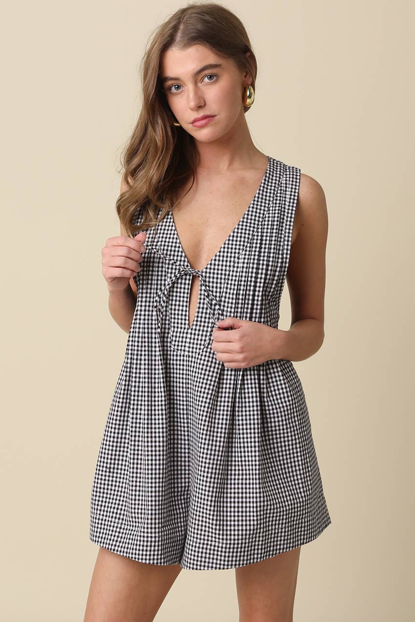 Hailey Gingham Tie-Front Romper in Black & White