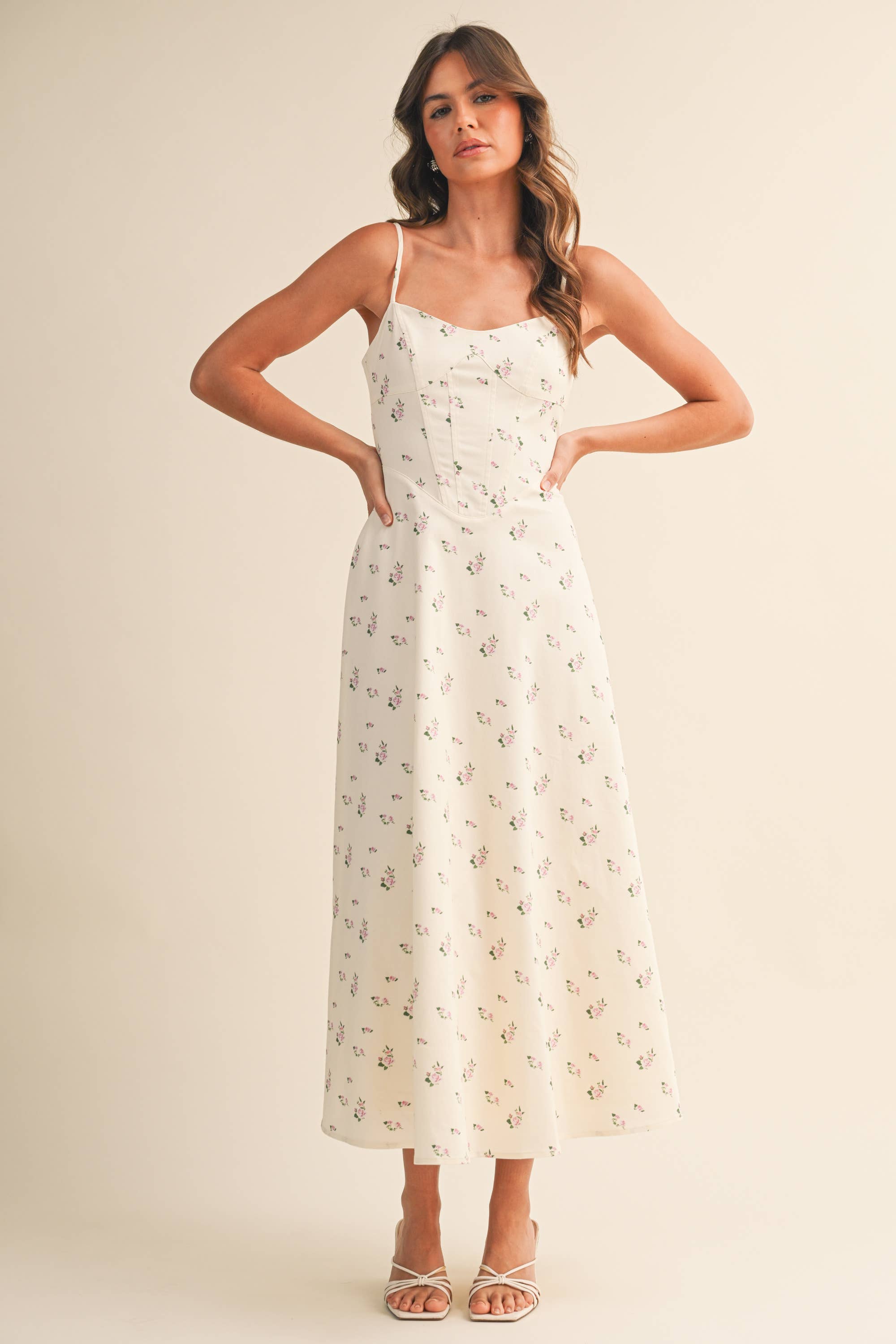 Vivienne Floral Panel Midi Dress in Cream