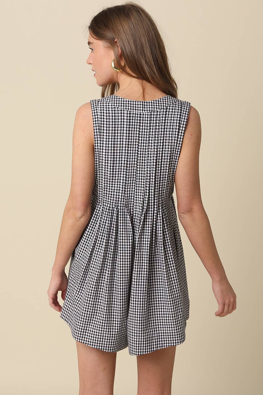 Hailey Gingham Tie-Front Romper in Black & White