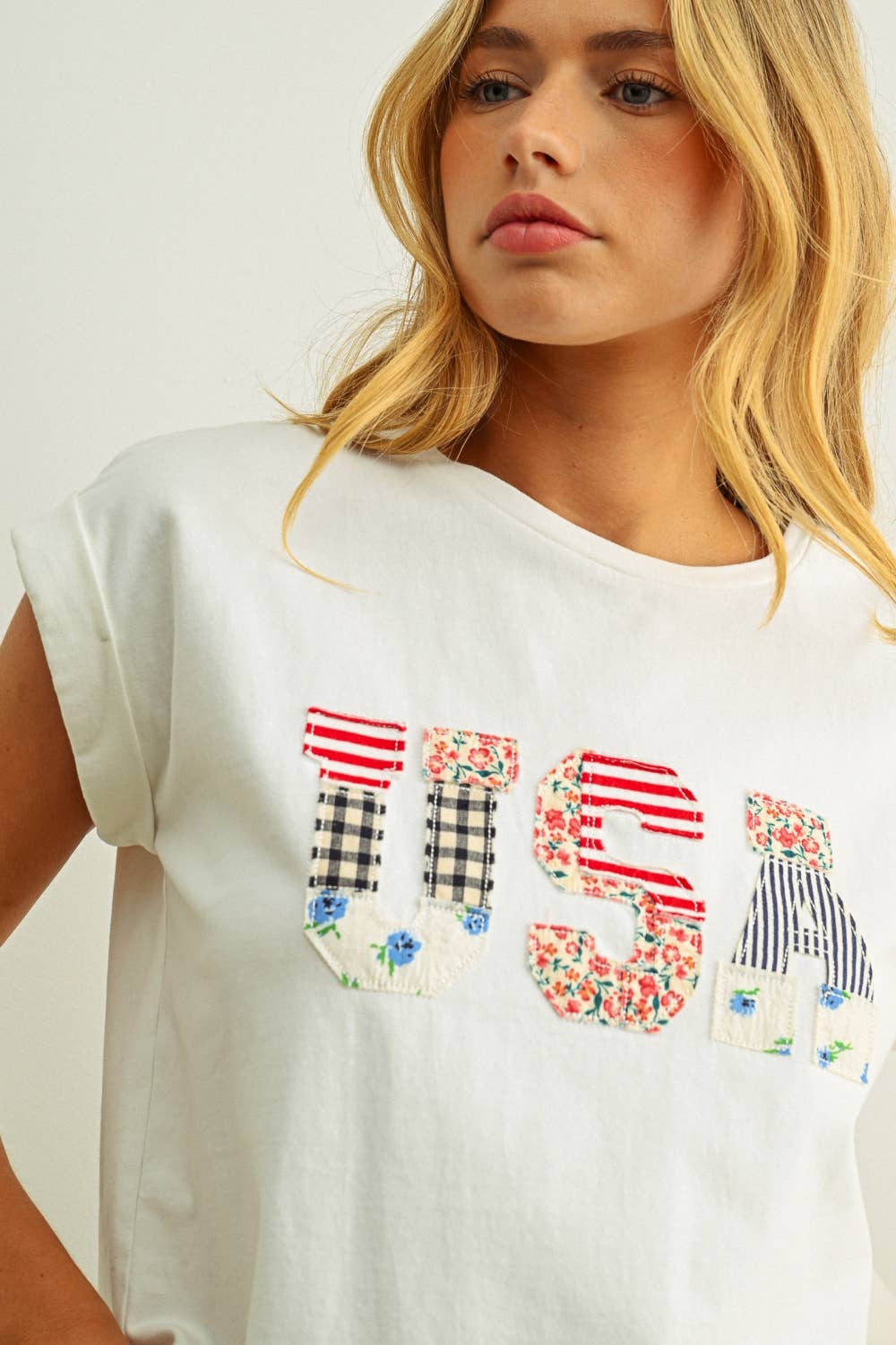 USA Floral Patchwork Tee in White