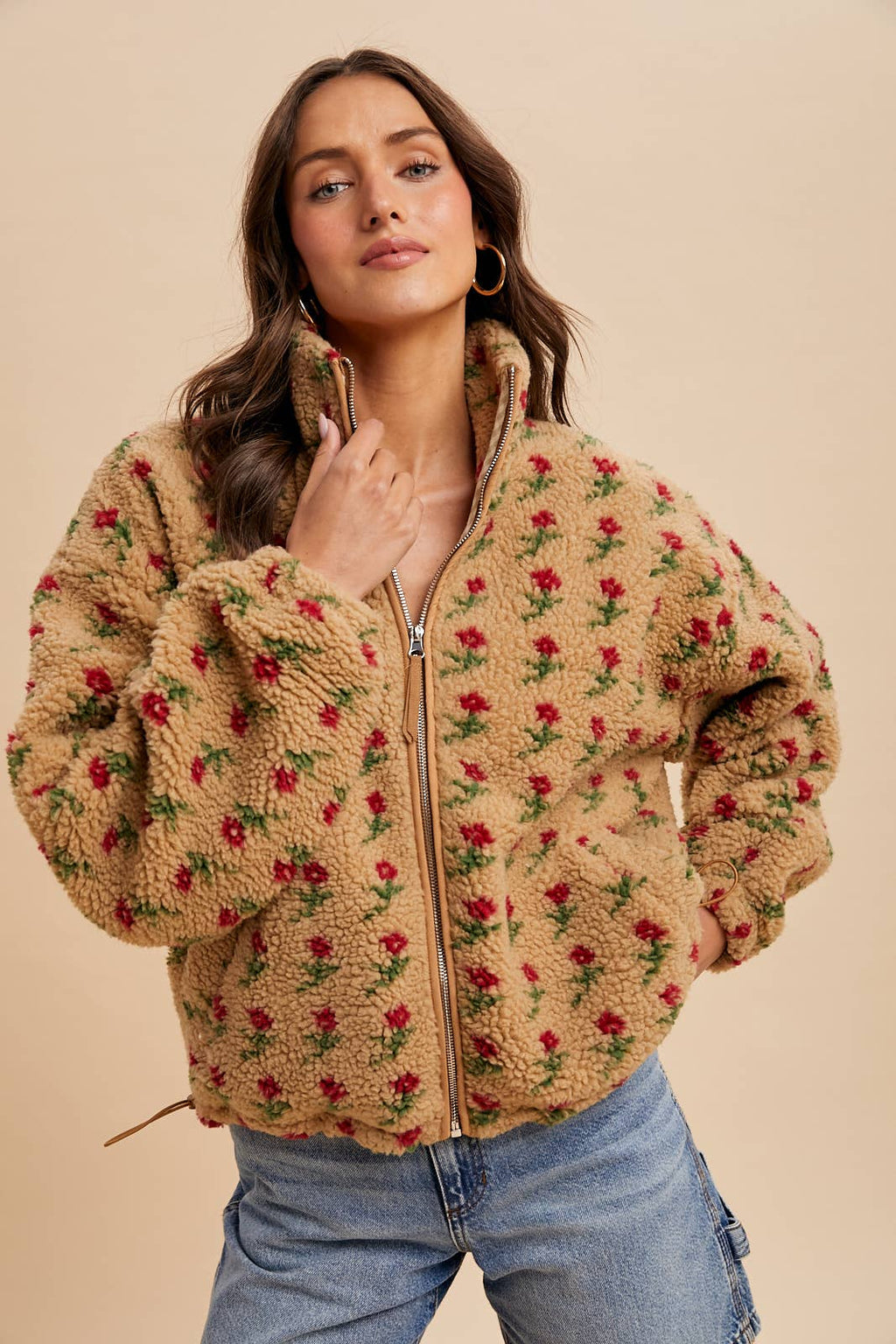 Felicity Floral Sherpa Jacket in Sepia Rose