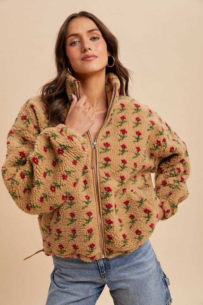 Felicity Floral Sherpa Jacket in Sepia Rose