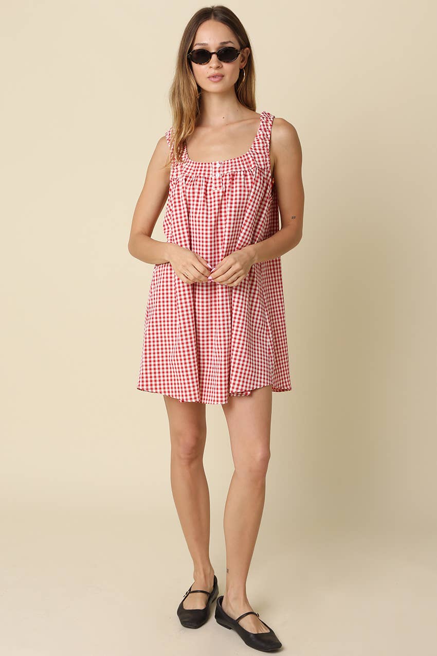 Randy Gingham Mini Dress in Red & Ivory