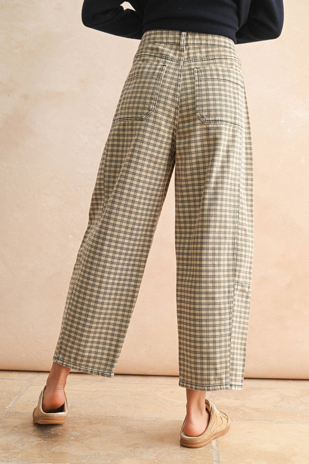 Autumn Grid Barrel Pants in Tan