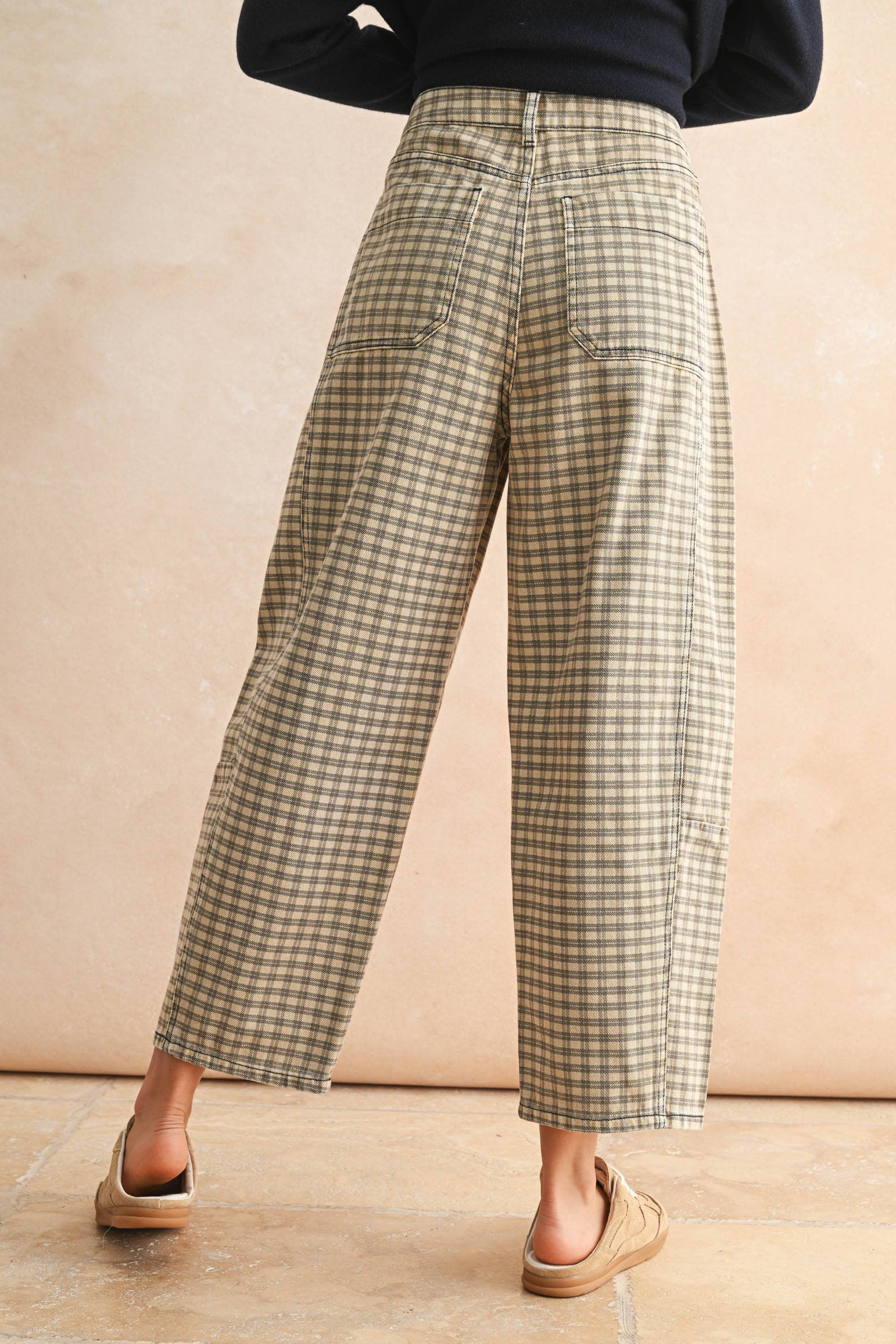 Autumn Grid Barrel Pants in Tan