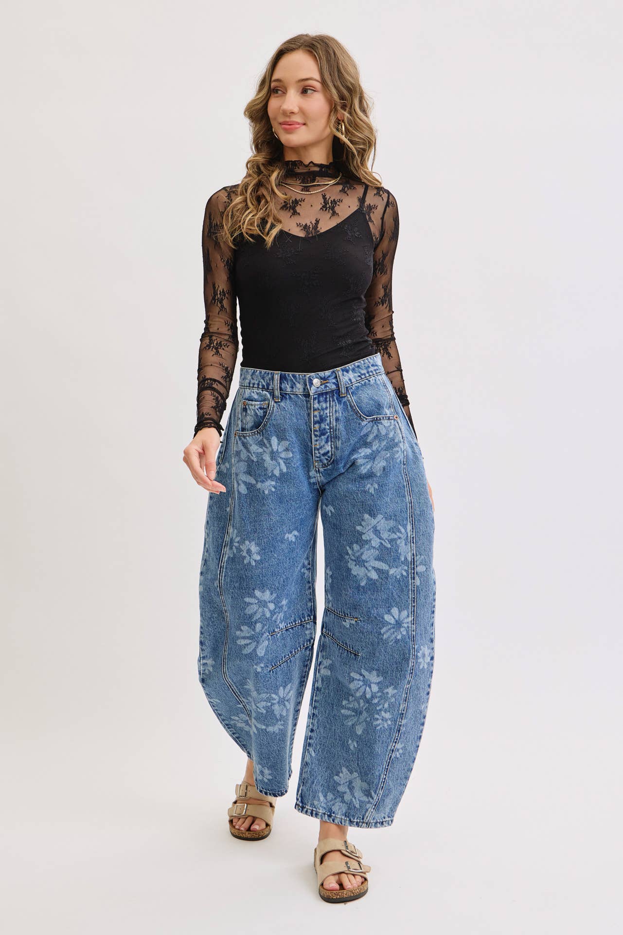 Calla Floral Print Barrel Jeans