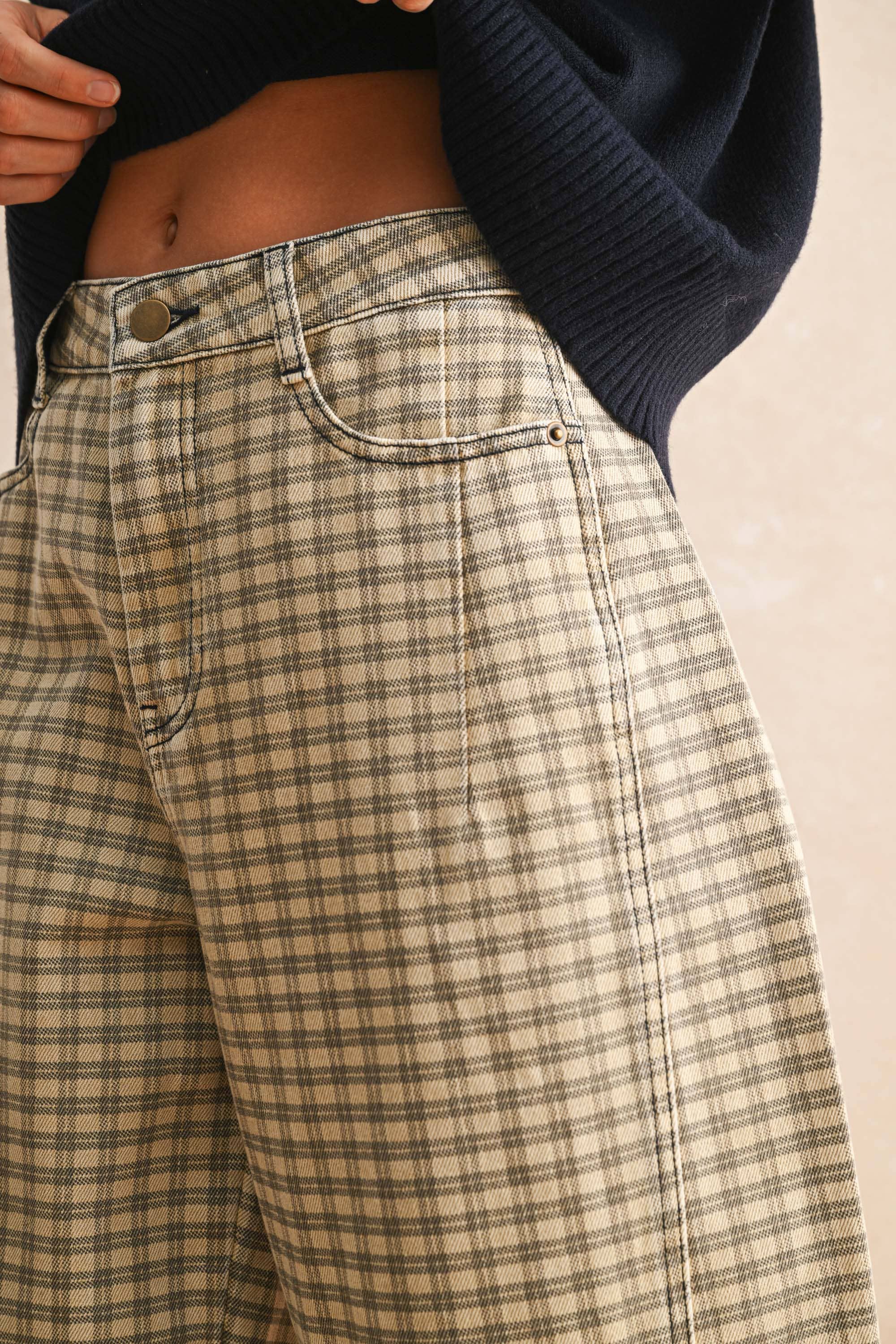 Autumn Grid Barrel Pants in Tan