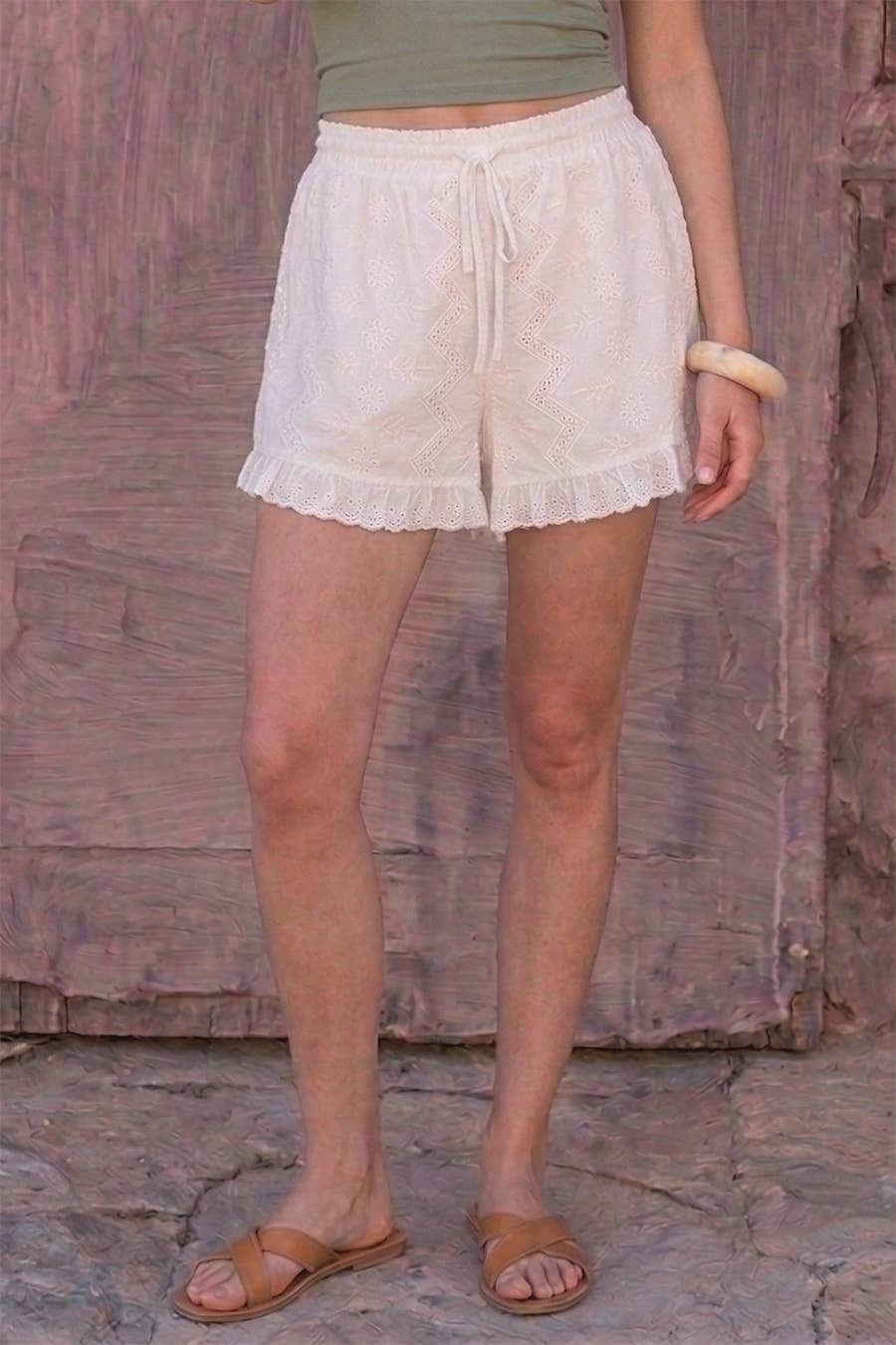 Pearl Embroidered Ruffle Shorts in Off White