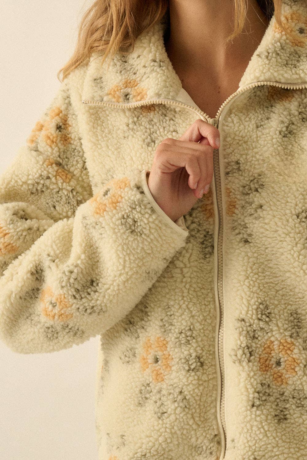 Everly Floral Print Sherpa Jacket in Cream