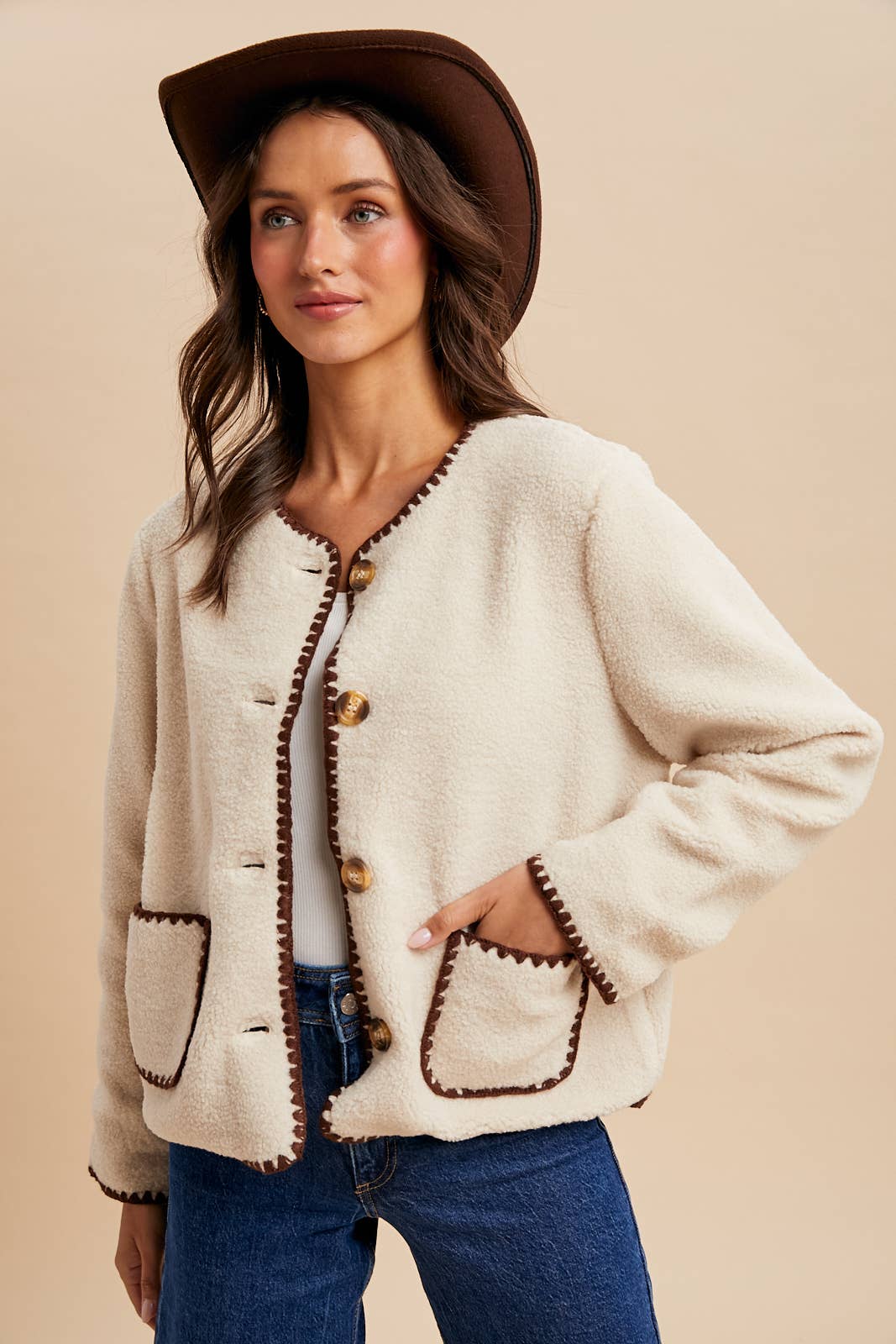 Cora Contrast Stitch Sherpa Cardigan