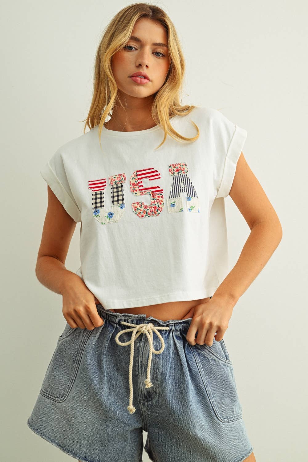 USA Floral Patchwork Tee in White