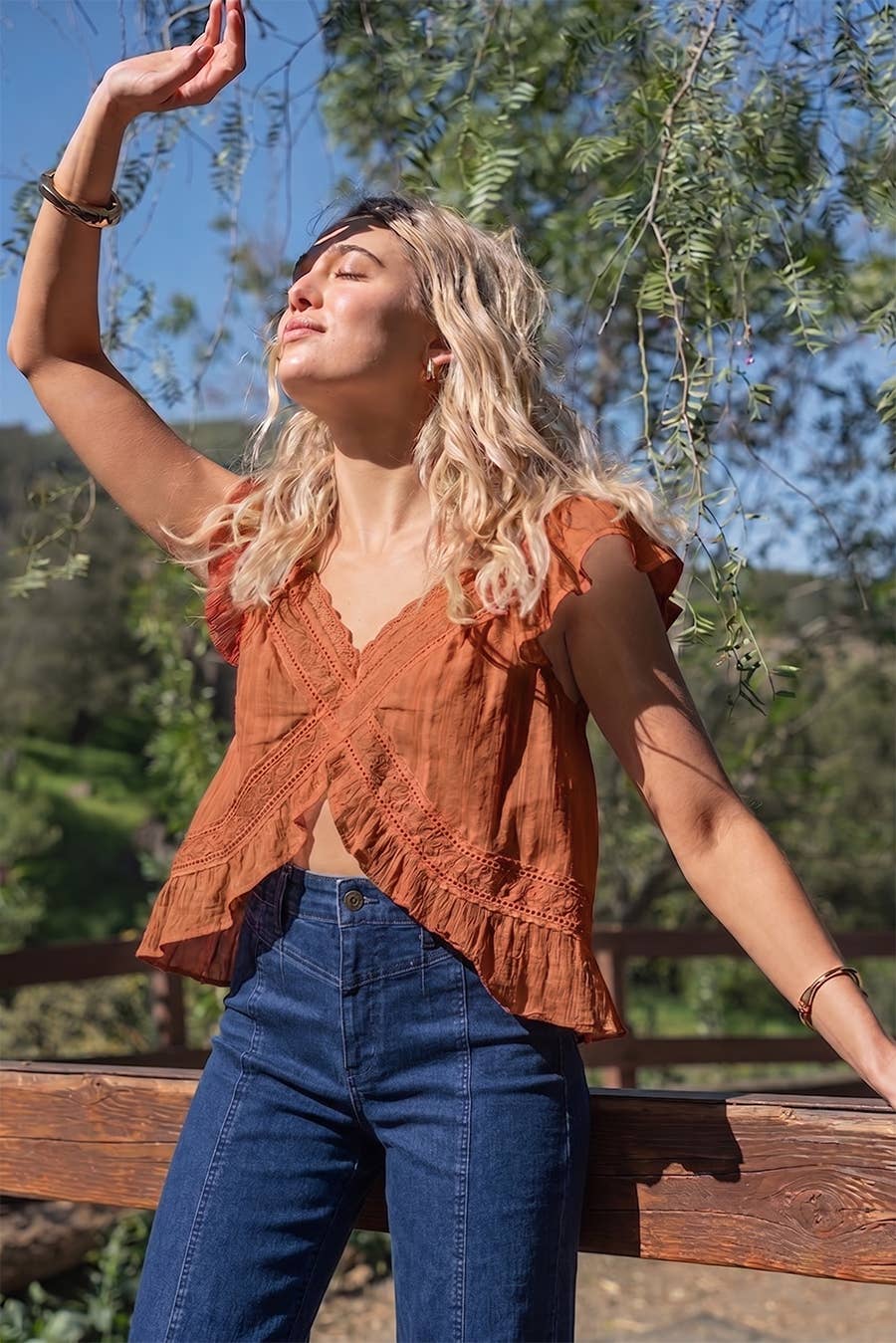 Holland Ruffle Sleeve Top in Rust
