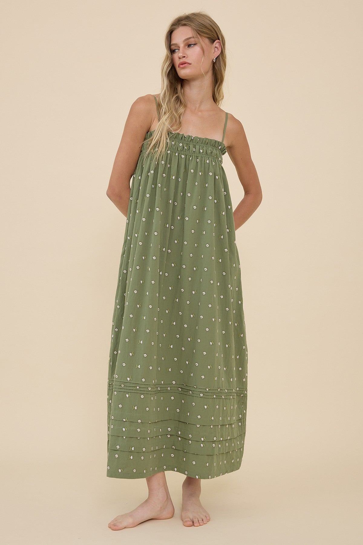 Sage Embroidered Smocked Midi Dress