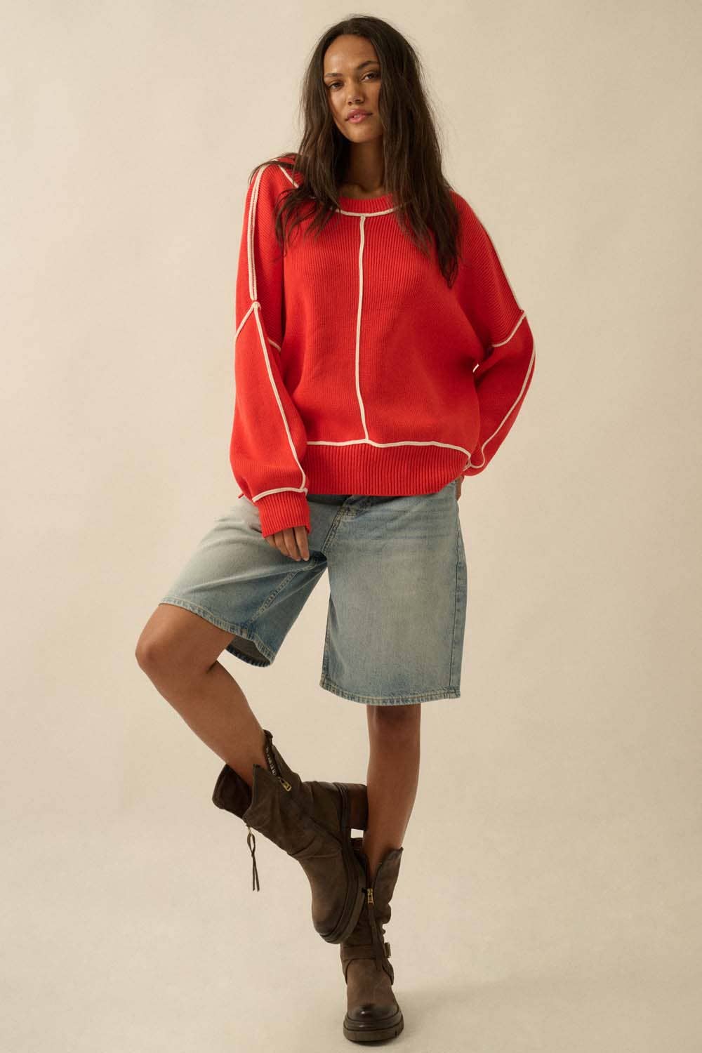 Contrast Stitch Ribbed Knit Sweater